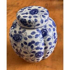 Vintage Andre Sadek Ginger Garlic Jar Porcelain Blue And White Floral Kitchen